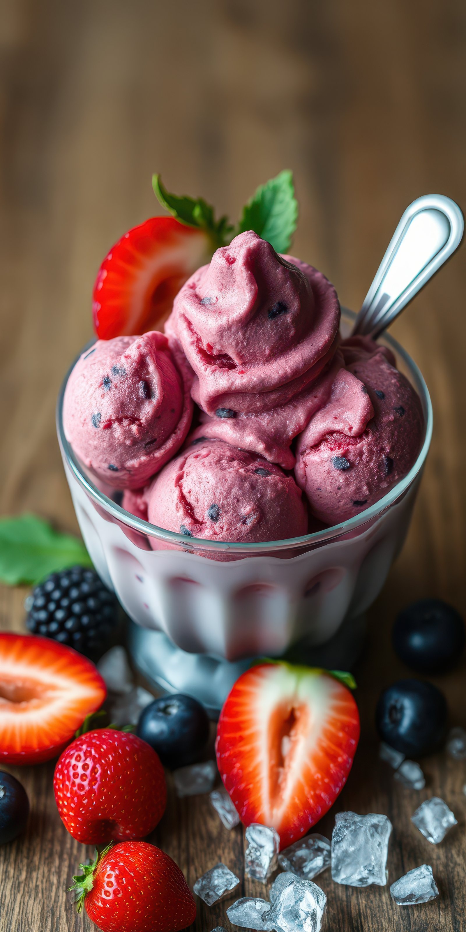 Delicious berry sorbet served in a glass bowl with fresh fruit garnishes on a wooden table
